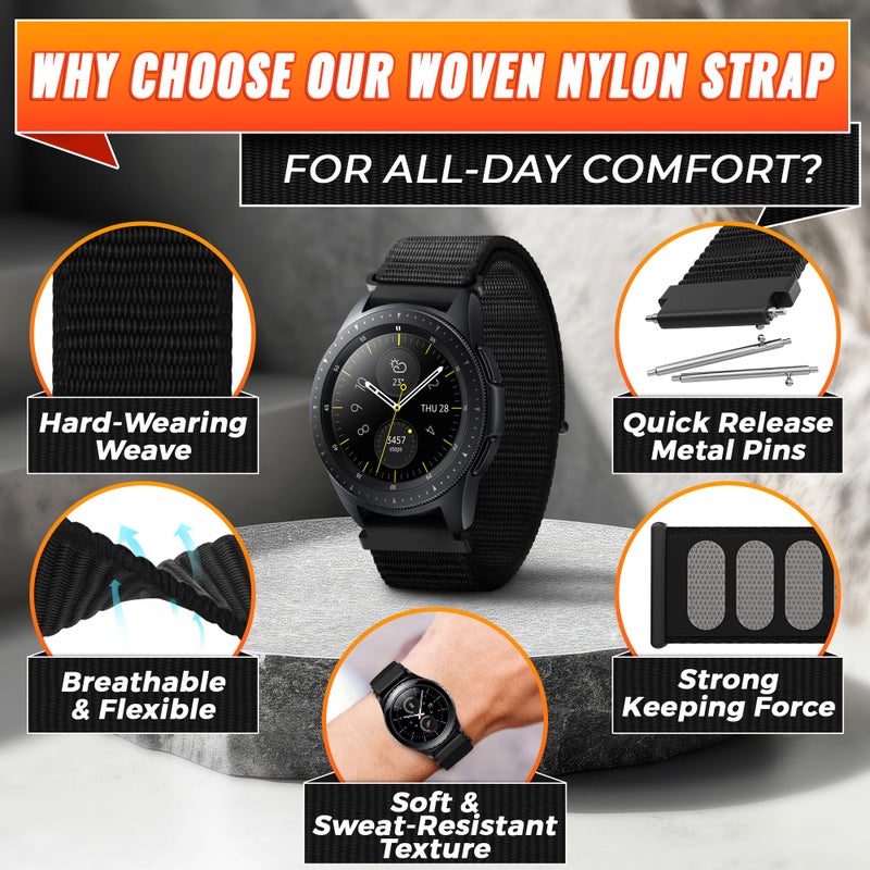 PIKTIME 20mm Watch Band - Nylon Smart Watch Bands for Men in Black Color - Adjustable Size from 6.29 to 8.46 In, Durable Strap, Comfortable, Lightweight, Breathable | Compatible with Most Smartwatch Models - Image 3